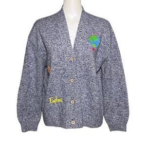 Mira Mikati Blue Merino Wool "EXPLORE" Cardigan Sweater Embroidered Size 38 4-6